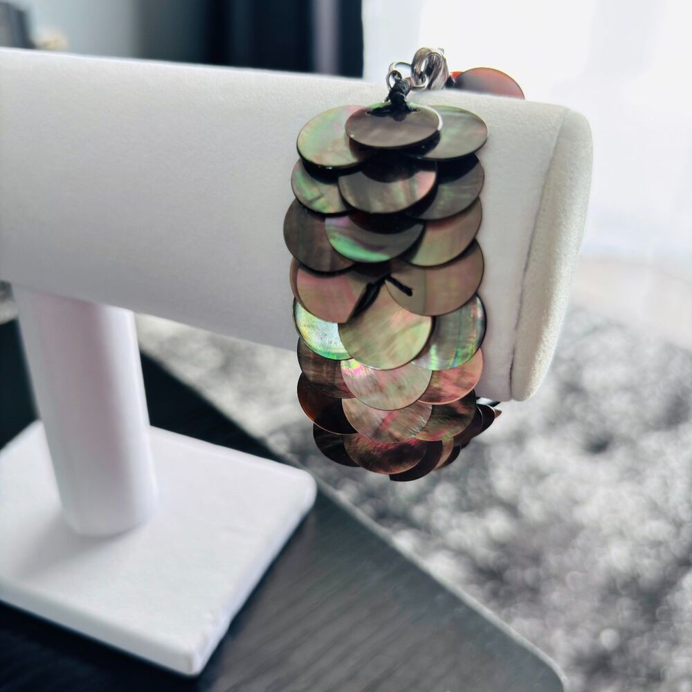 Chico's Iridescent Mother of Pearl Shell Sequin Statement Bracelet Antiqued